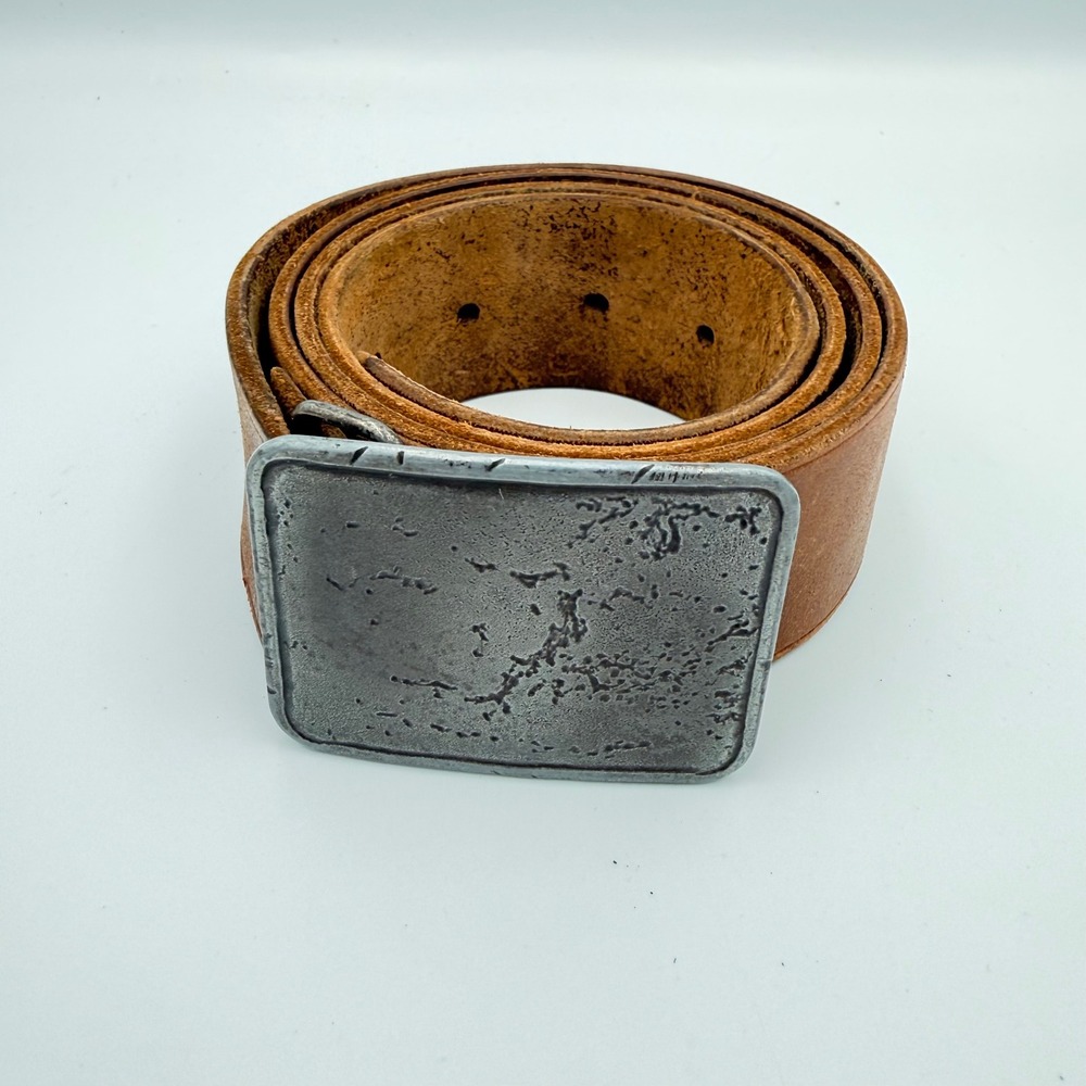 American Eagle Mens Brown Genuine Leather Belt Hammered Plaque Buckle Size 36